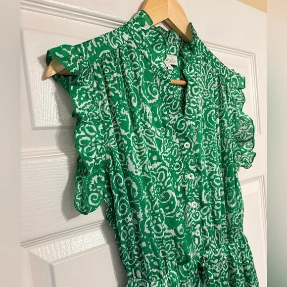 NWOT Pinch Paisley Green White Maxi Dress Flutter Sleeve Tie Waist - Picture 5 of 11